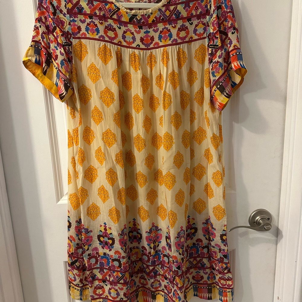 Anthropologie Gold and Red Flutter Sleeve Sundress
